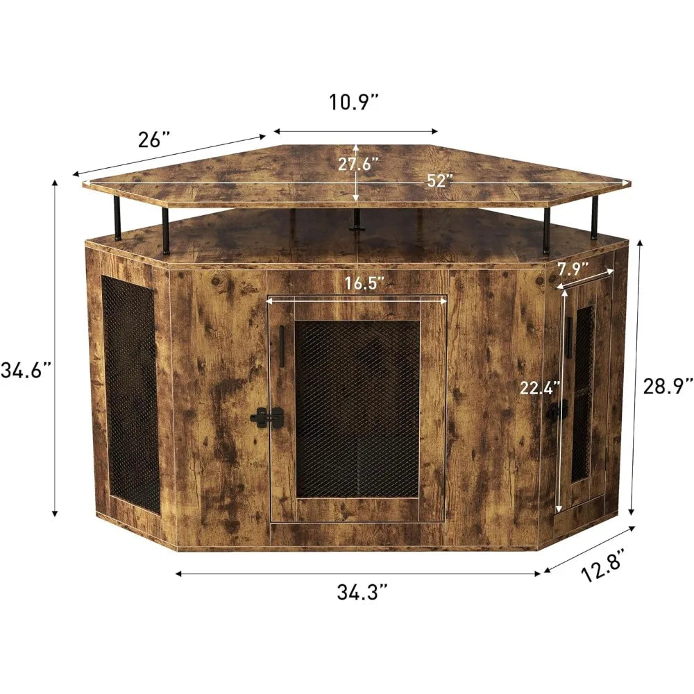 Corner Dog Crate with Cushion, Furniture  with Storage Shelf